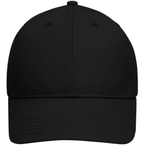 A black 6 panel cap made from bio cotton, featuring a logo on the front. Ideal for casual headwear.
