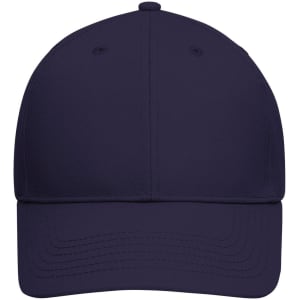 A navy blue 6-panel cap made from bio cotton, featuring a logo on the front.