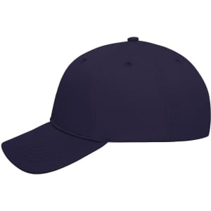 A navy blue 6 panel cap made of bio cotton, featuring a curved peak and a logo.