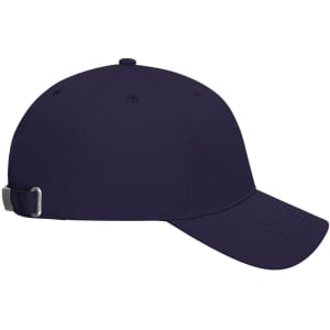 A navy 6-panel cap made from bio cotton, featuring a curved visor and an adjustable strap at the back.