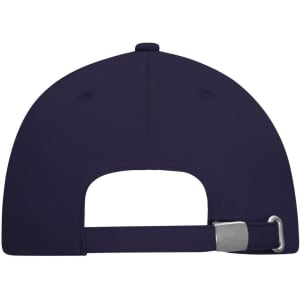 A 6-panel cap in navy blue, featuring a backing with an adjustable strap and a logo.