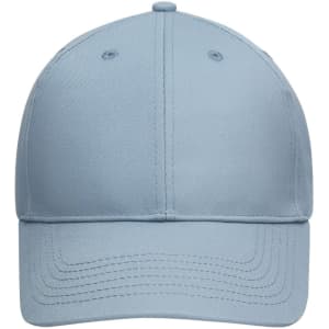A light blue 6 panel cap made from bio cotton, featuring a curved brim and a logo.