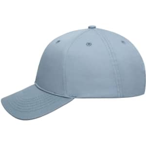 A light blue six-panel cap made from bio cotton, featuring a logo on the front.