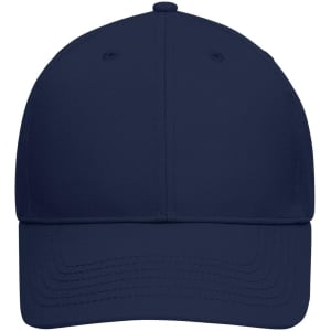 A navy blue 6 panel cap made of bio cotton, featuring a logo on the front.