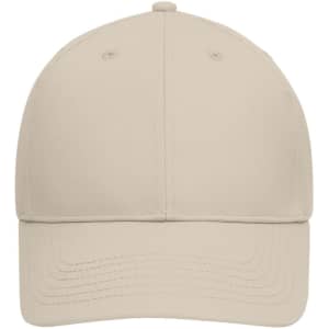A beige six-panel cap made from bio cotton, featuring a curved visor and a logo on the front.