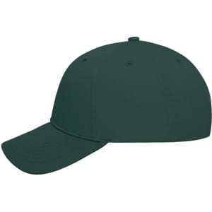 A dark green 6 panel cap made from bio cotton, featuring a curved brim and one logo.
