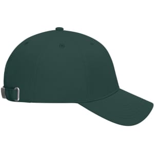 A dark green 6 panel cap made from bio cotton, featuring an adjustable strap at the back and a logo.