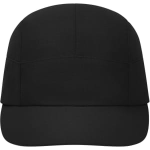 A black 7 panel sports cap with a structured design and a front peak. It features a logo.