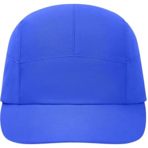 A blue 7 panel sports cap with a structured design and a curved brim, featuring a logo.