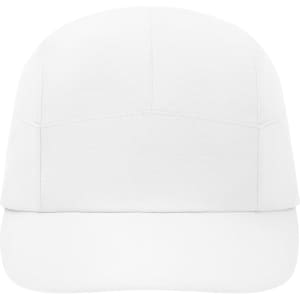 A 7 panel sports cap in white with a curved peak and a branded logo.