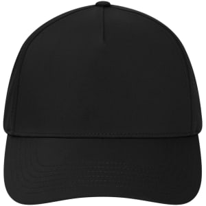 A black 5-panel laser-cut cap with a curved brim and a logo on the front.