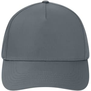 A grey 5 panel cap with a smooth finish and a logo on the front.