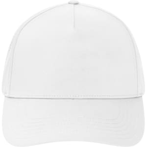 A white 5 panel laser-cut cap with a curved brim and a logo on the front.