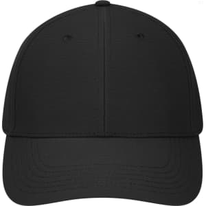 A black six-panel workwear cap with a curved brim and a logo on the front.