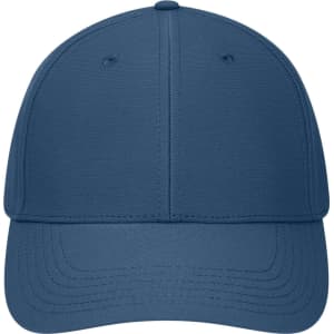 A blue 6 panel workwear cap featuring a sturdy design and a logo on the front.