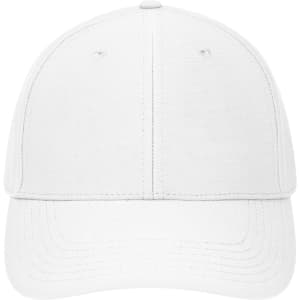A white 6 panel workwear cap featuring a logo. It has a curved brim and a simple, clean design.