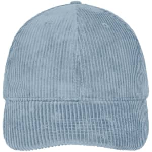A light blue 6-panel corduroy cap with a curved brim and an adjustable back, featuring a logo on the front.