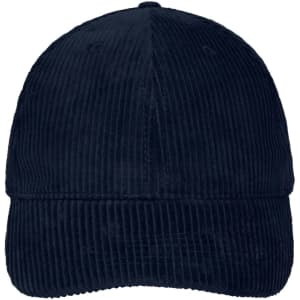 A navy 6 panel corduroy cap with a structured crown and curved brim, featuring a logo on the front.