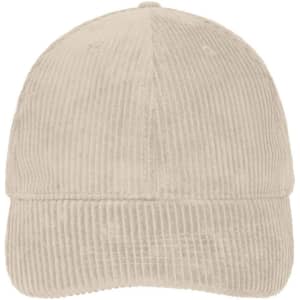 A beige 6-panel corduroy cap with a curved brim and a logo on the front.