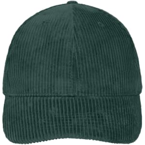 A green corduroy cap with a six-panel design and a curved brim, featuring a logo on the front.