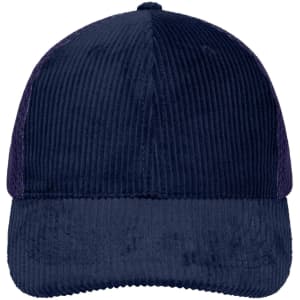 A navy blue corduroy cap with mesh panels and a rounded peak, featuring a logo on the front.