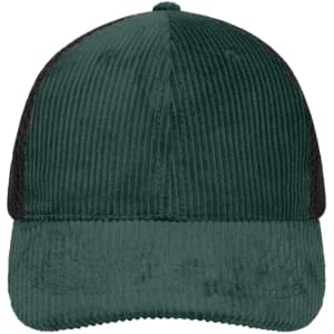 A green corduroy cap with a black mesh back and a structured six-panel design. It features a logo on the front.