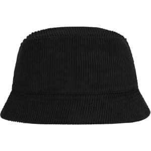 A black corduroy fisherman hat with a structured, bucket-style design and a subtle logo branding.