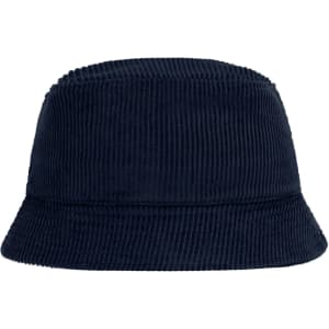 A navy corduroy fisherman hat featuring a wide brim and textured fabric. It has a logo on the side.