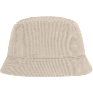 A corduroy fisherman hat in a light beige colour with a wide brim and a textured finish.