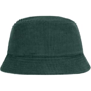 A green corduroy fisherman hat with a classic bucket design and a logo on the side.