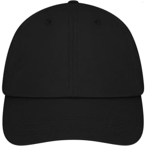 A black 6 Panel Dad Cap with a curved visor and a logo on the front. Ideal headwear for casual wear.