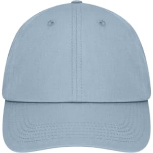 A light blue 6 panel dad cap featuring a curved brim and ventilation eyelets, with a logo on the front.