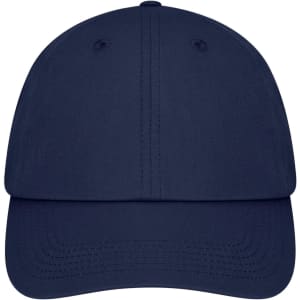 A navy blue 6 panel dad cap with a curved brim and a logo on the front.