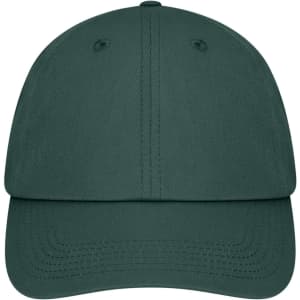A green 6 panel dad cap with a logo, featuring a classic design and curved brim.