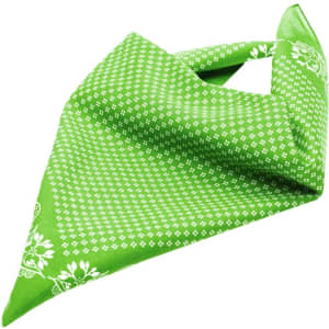 A green bandana with a patterned design, featuring white motifs along the edges. It has a logo present.