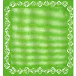 A green bandana featuring a white floral and dot pattern around the edges. It has a decorative border and a logo.