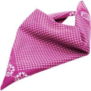 A pink traditional bandana featuring a floral pattern and decorative designs. It has a logo present.