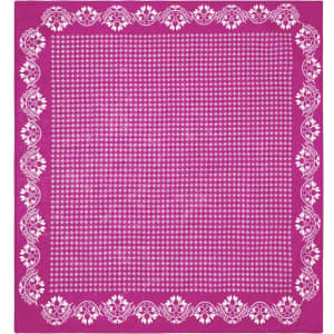 A pink bandana featuring a floral edge design and a dotted pattern throughout, with a logo in the corner.