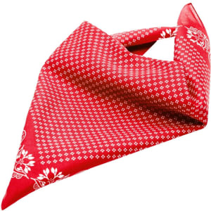 A red bandana with a white patterned design and floral accents, featuring a logo.