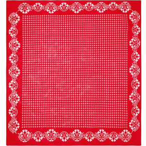 A red bandana with white floral and dot patterns along the edges, featuring a central repeating design.