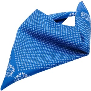 A blue bandanna with a patterned design and a branding logo, ideal for headwear.