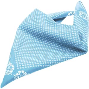 A traditional blue bandana featuring a patterned design, with floral elements and a logo.