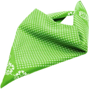 A green traditional bandana with a patterned design, featuring white motifs and a triangular shape. It has a logo.
