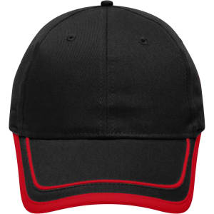 A black cap with red piping along the brim, featuring a logo on the front.