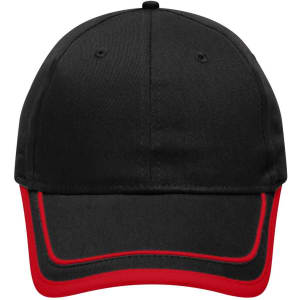A black baseball cap with red piping features a structured six-panel design and includes a logo.