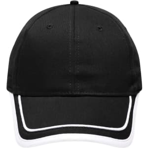 A black six-panel cap with white piping and a logo on the front.