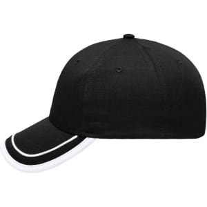 A black 6 panel piping cap with white detailing along the brim and a logo on the front.