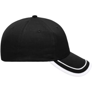 A black 6 Panel Piping Cap with white piping detail, featuring a structured design and a branding logo.