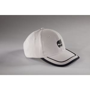 A grey and black six-panel cap featuring a logo on the front. The cap has a curved brim and piping details.