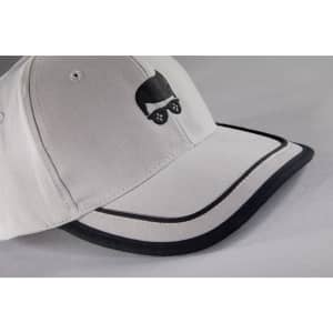 A grey 6 panel piping cap featuring a logo, with a black visor and piping details.